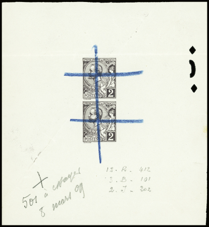 N°12 2c, épreuve avec deux timbres barrés au crayon