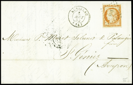 N°5, 40c orange, OBL PC 188 + T15 Aurillac (1854)