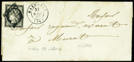 N°3 OBL grille + T15 Marcenat (1850) sur lettre, i