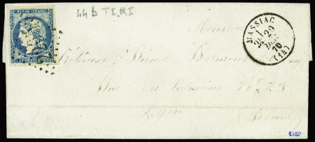 N°44, 20c bleu type 1 OBL GC 2265 + T16 Massiac (2
