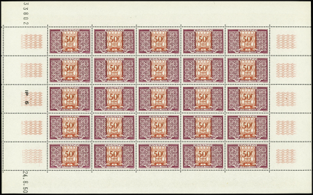 TAXE N°38A 50f lilas et rouge en feuille de 25, rare