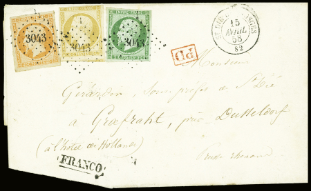 N°12 5c vert, 13 10c bistre et 16 40c orange obl. PC