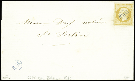 N°13A 10c bistre, obl.OR  en bleu sur lettre pour Saint-Sorlin