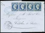 N°14A 20c bleu en bande de 4 obl.PC 1469 (Gueugnon,