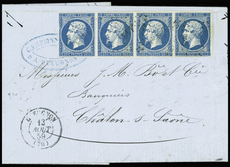 N°14A 20c bleu en bande de 4 obl.PC 1469 (Gueugnon,