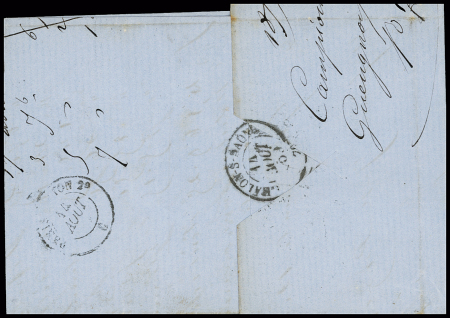 N°14A 20c bleu en bande de 4 obl.PC 1469 (Gueugnon,