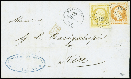 N°13A 10c bistre et n°16 40c orange obl. PC 1896 (Marseille,