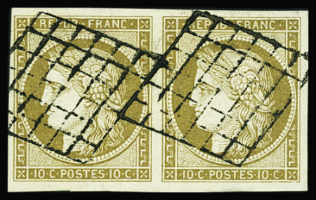 N°1 10c bistre-jaune,  paire obl. grille, TTB