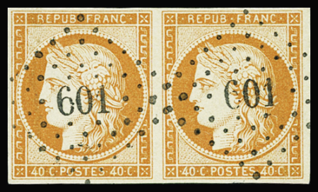 N°5 40c orange, paire, obl. PC 601 de Cannes, TTB
