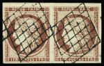 N°6a 1f carmin clair, en paire avec deux voisins, obl.