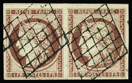 N°6a 1f carmin clair, en paire avec deux voisins, obl.