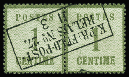 N°1 1c vert-bronze, en paire, avec cachet rectangulaire