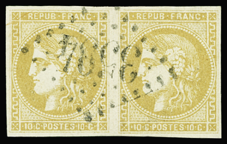 N°43B 10c bistre-jaune, en paire obl. GC 3534 de Saint-Bris-le-Vineux
