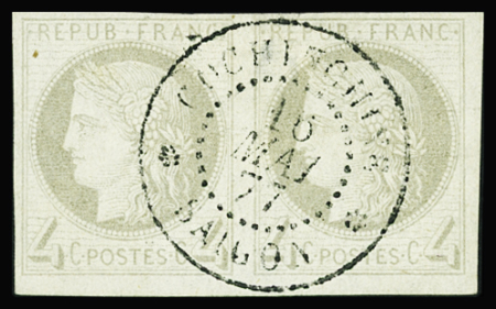 Col. Gén. N°16 4c gris, en paire, obl. cad Cochinchine