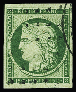 N°2b 15c vert foncé , obl gros points, TTB Signé Calves