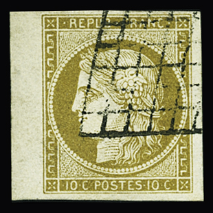 N°1b 10c bistre verdâtre, obl grille avec bdf, TTB