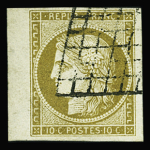 N°1b 10c bistre verdâtre, obl grille avec bdf, TTB