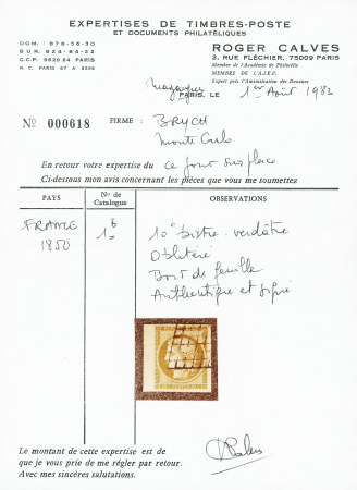N°1b 10c bistre verdâtre, obl grille avec bdf, TTB