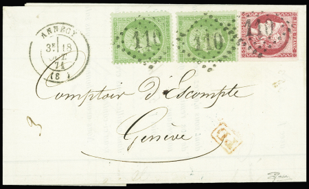 N°20 (2 dt 1 p.d. en angle) et N°49, obl. GC 110 s. LAC, càd T17 ANNECY 18/10/71, TRIPLE PORT pour GENEVE 19/10, Superbe