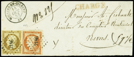 N°5a orange foncé et N°9a bistre brun, obl. PC 2186 s. Devant CHARGE, càd T15 MOULINS-EN-GILBERT 14/10/53, les 2 timbres sont TTB, cote détaché 1650