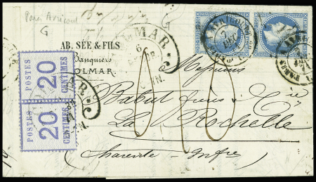 N°6 20c bleu, PAIRE obl. Fer à cheval COLMAR 6/12/71, MIXTE avec France N°29 PAIRE obl. càd PARIS A AVRICOURT 7/12 s. LAC, Taxe 010 à la plume, TB