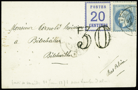 N°6 20c bleu obl. Taxe 30 au tampon, MIXTE avec France N°29 obl. càd T17 VERSAILLES 21/6/71 au départ sur Env., arr. càd BISCHWEILER 25/6/71, TB