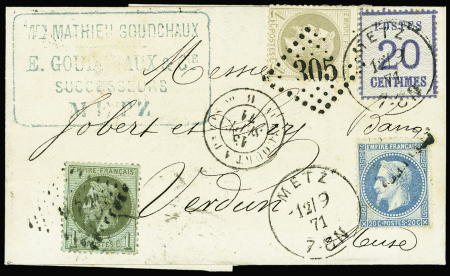 N°6 20c bleu obl. càd METZ 12/9/71, MIXTE avec France N°25, 27 et 29B obl. GC 305 s. LAC, arr. VERDUN, TTB