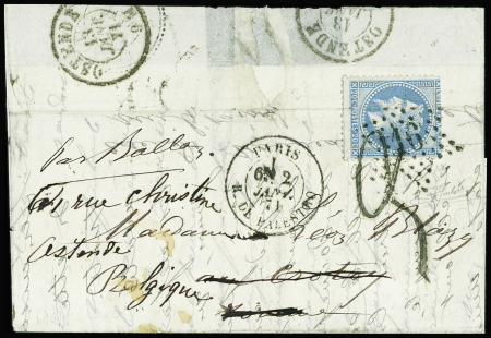 N°29B obl. Etoile 16 s. LAC, càd R. de Palestro 2/1/71, arr. faible LE CROTOY et réexp. OSTENDE 13/1, d'où la Taxe 9 au tampon, TB. LE NEWTON