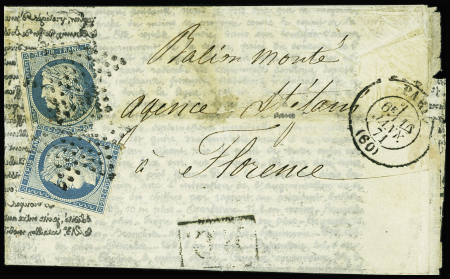N°37 (2 dt 1 déf.), obl. Etoile s. Correspondance HAVAS pour l'ITALIE, càd PARIS 16/1/71, arr. FIRENZE, très bonne combinaison, TB. LA POSTE de PARIS