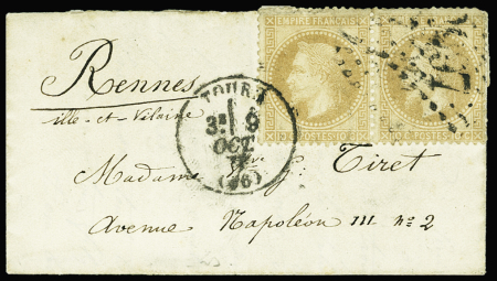 N°28B PAIRE obl. GC 3997 s. petite LAC, càd T16 TOURS 9/10/70, Amb. PARIS à RENNES 10/10, passage LE MANS 10/10, arr. RENNES 11/10, TTB