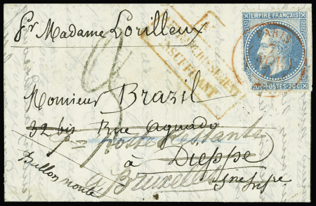 N°29B déf., obl. càd rouge PARIS (SC) 7/11/70 s. LAC, arr. DIEPPE 10/11, réexp. à BRUXELLES 12/11, "affrt insuff" et Taxe 3 au tampon, frappes TTB. LA