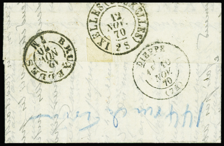 N°29B déf., obl. càd rouge PARIS (SC) 7/11/70 s. LAC, arr. DIEPPE 10/11, réexp. à BRUXELLES 12/11, "affrt insuff" et Taxe 3 au tampon, frappes TTB. LA