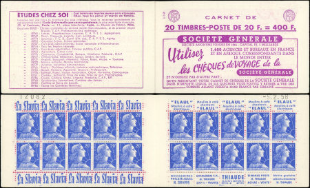 N°1011B-C24 Muller, 20f bleu, n°1011Bb, T I, S. 2-58, SOCIETE GENERALE, daté 5/2/58, carnet rare et superbe
