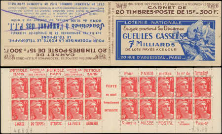 N°813-C1 Gandon, 15f rouge, n°813b, T II, S. 2, GUEULES CASSEES, N°40923 daté 3/5/50, C4 rayée au crayon violet, sinon TB