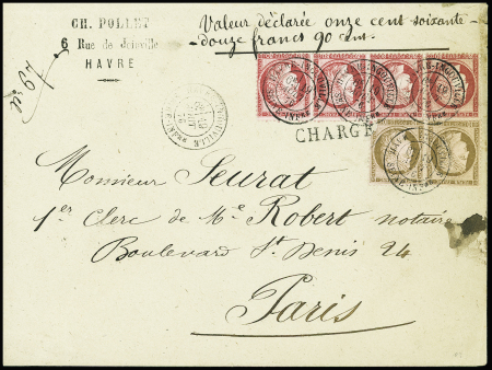N°54 et 57, 10c PAIRE 1 ex. déf. et 80c BANDE de 4 obl. càd LE HAVRE INGOUVILLE 19/8/76 s. Env. CHARGE, affrt Rare, TB