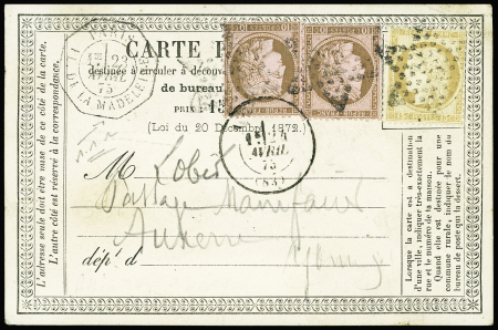 N°54 et 55, 10c (2) et 15c obl. Etoile 3 s. CP, càd Octog. LEX 1e 23/4/75 Pl. de la Madeleine, arr. AUXERRE 24/4, RR Levée Exceptionnelle s. carte, TB