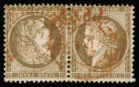 N°58c 10c brun sur rose, paire TETE BECHE, obl. càd rouge des Imprimés, 1 ex. pli, R et aspect TB