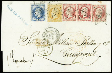 N°23, 24 (3) et 29A obl. Etoile 2 s. LSC, càd R. St Lazare 15/5/67, passage LONDON 16/5 pour GUAYAGUIL EQUATEUR, destination Rare et d'autant plus en