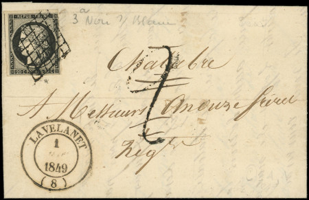 N°3a 20c noir sur blanc, filet coupé dans un angle, obl. GRILLE s. LAC, càd T14 LAVELANET 1/(9)/49, Taxe 2 annulée, TB