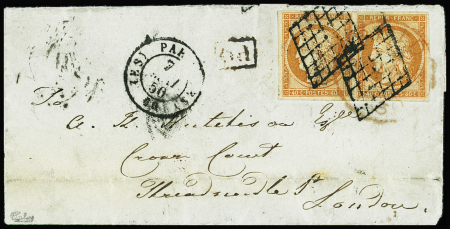 N°5 40c orange, PAIRE obl. GRILLE s. LAC, càd (ES) PARIS (ES) 7/5/50, arr. LONDON càd sur les timbres, TB