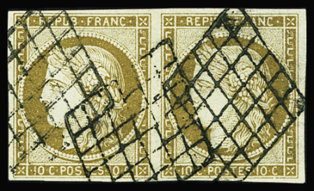 N°1c 10c bistre-VERDATRE FONCE, PAIRE obl. GRILLE, TB, certif. Calves