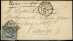 N°4 25c bleu, touché, obl. GRILLE s. LSC, càd T15 BORDEAUX 12/8/51, arr. CHOR SUISSE 17/8, griffe "timbre insuffisant" mais NON TAXEE, RR ainsi, frapp