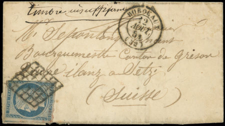 N°4 25c bleu, touché, obl. GRILLE s. LSC, càd T15 BORDEAUX 12/8/51, arr. CHOR SUISSE 17/8, griffe "timbre insuffisant" mais NON TAXEE, RR ainsi, frapp