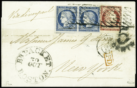 N°4 et 6, 25c bleu PAIRE et 1f carmin, inf. déf., obl. GRILLE SANS FIN s. LSC, càd Paris 15/10/51 pour New-York, passage BOSTON 30/10, le support a ét