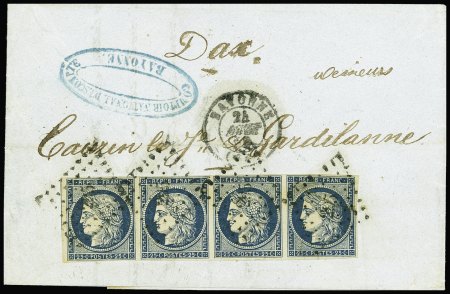 N°4 25c bleu, BANDE de 4 obl. PC 295 s. LAC, càd T15 BAYONNE 24/8/52, TTB