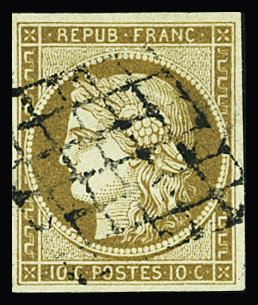 N°1a 10c bistre-brun, obl. GRILLE, TB, certif. Calves