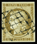 N°1a 10c bistre-brun, obl. GRILLE, TB, certif. Calves