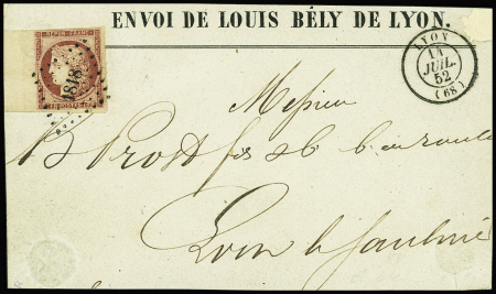 N°6 1f carmin, bdf, obl. PC 1818 s. devant incomplet, càd T15 LYON 14/7/52, Superbe