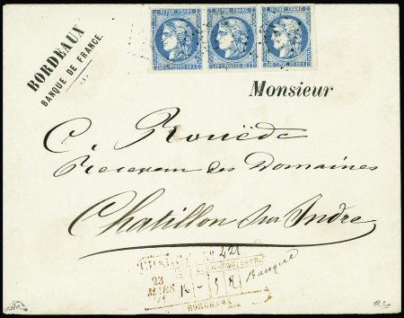 N°46B 20c bleu, T III, R II, BANDE de 3 obl. GC s. Env. CHARGE de BORDEAUX 23/3/71, collecteur au recto, TB