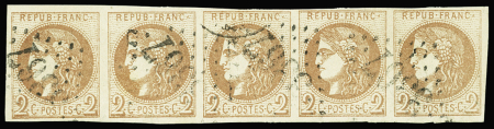 N°40B 2c brun-rouge clair, R II, BANDE de 5 obl. GC 3367, Pos. 11 à 15, TTB